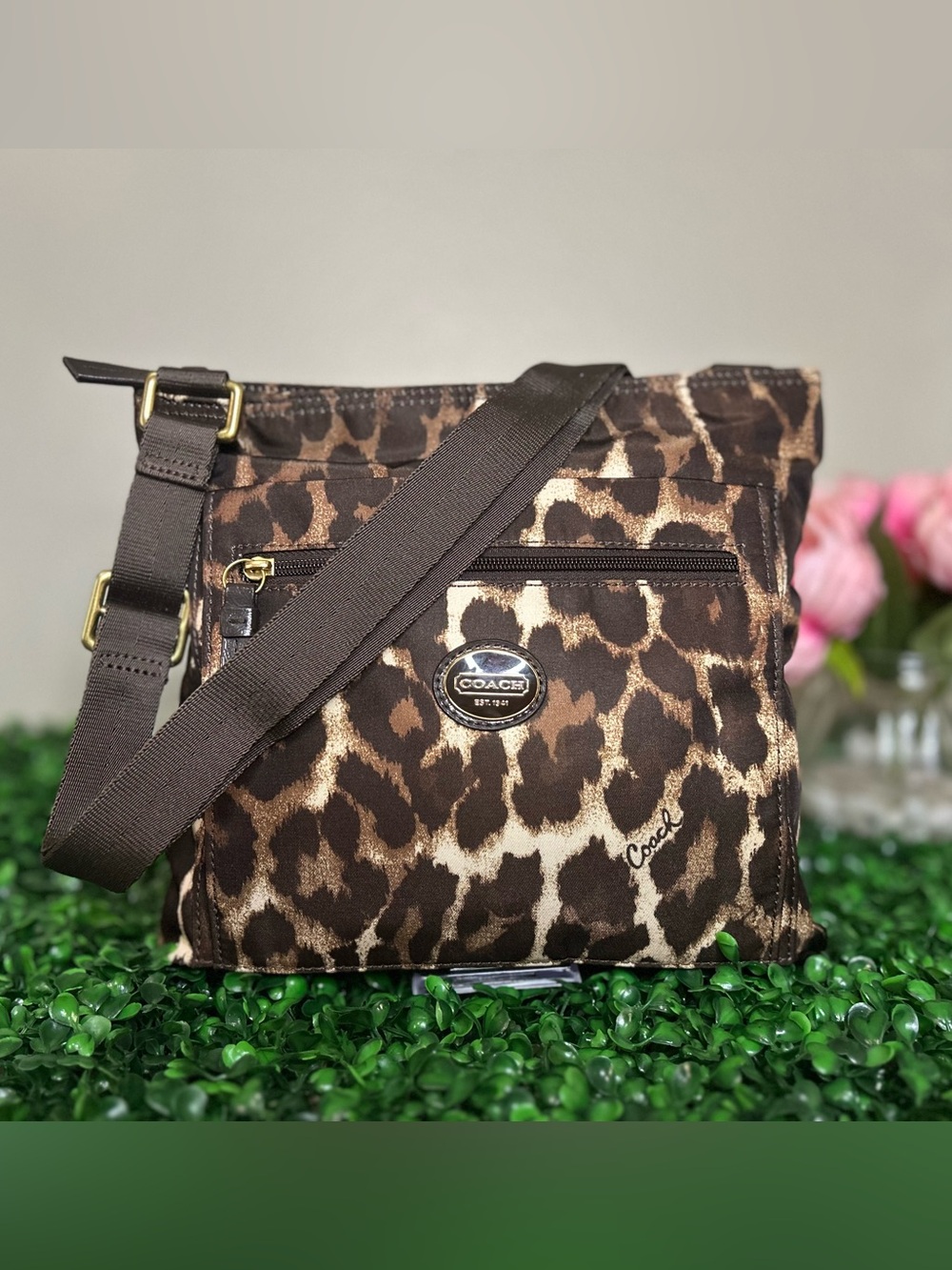 Coach F77429 Leopard Print Nylon Swingpack Crossbody Bag Brown Tan Animal Print